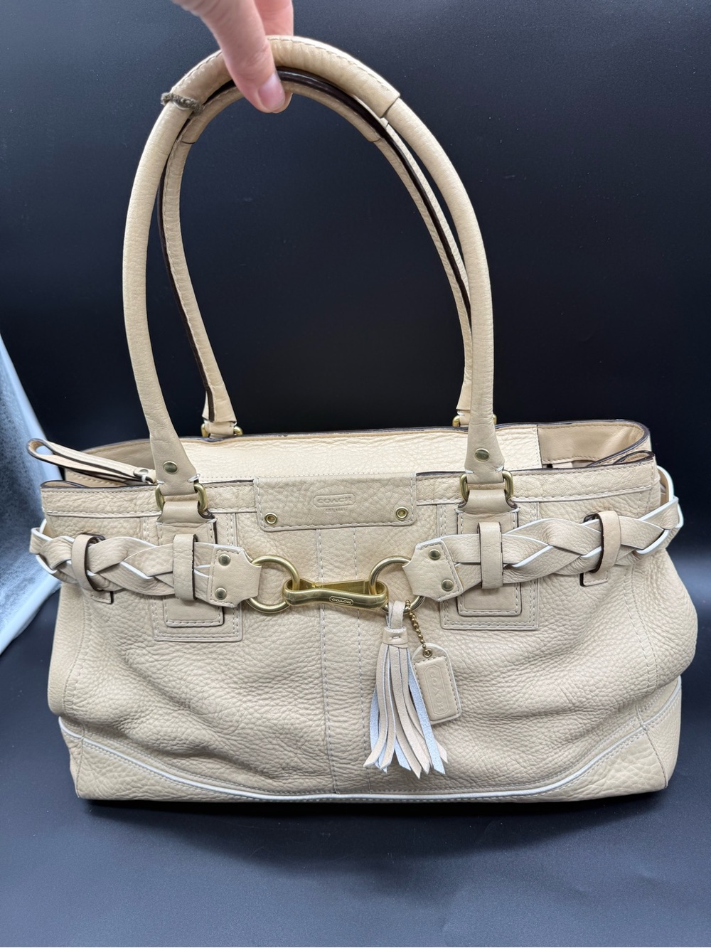 Coach Hamptons XL Carryall 10531 Pebbled Leather Braided Tassel Ivory Y2K